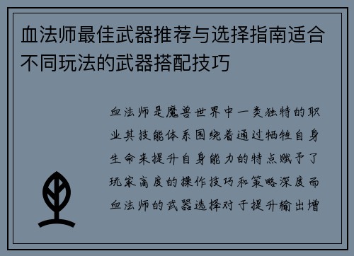 血法师最佳武器推荐与选择指南适合不同玩法的武器搭配技巧